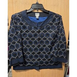 Chicos Sz 2 Women's Jacket Black Blue White Embroidered Geometric Cotton‎ Lined